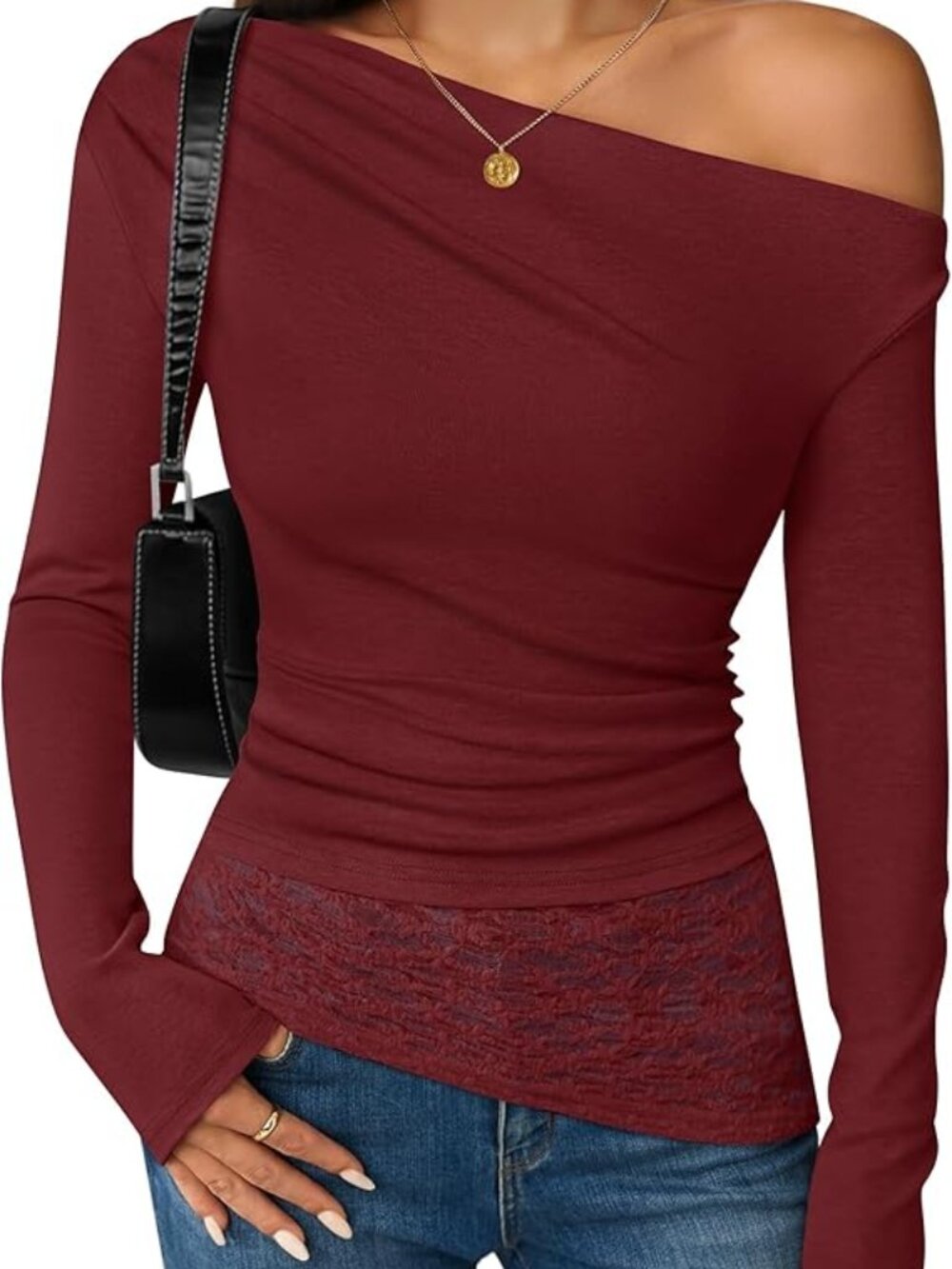 New - Women's Long Sleeve Off Shoulder Tops Casual Boat Neck Lace Slim